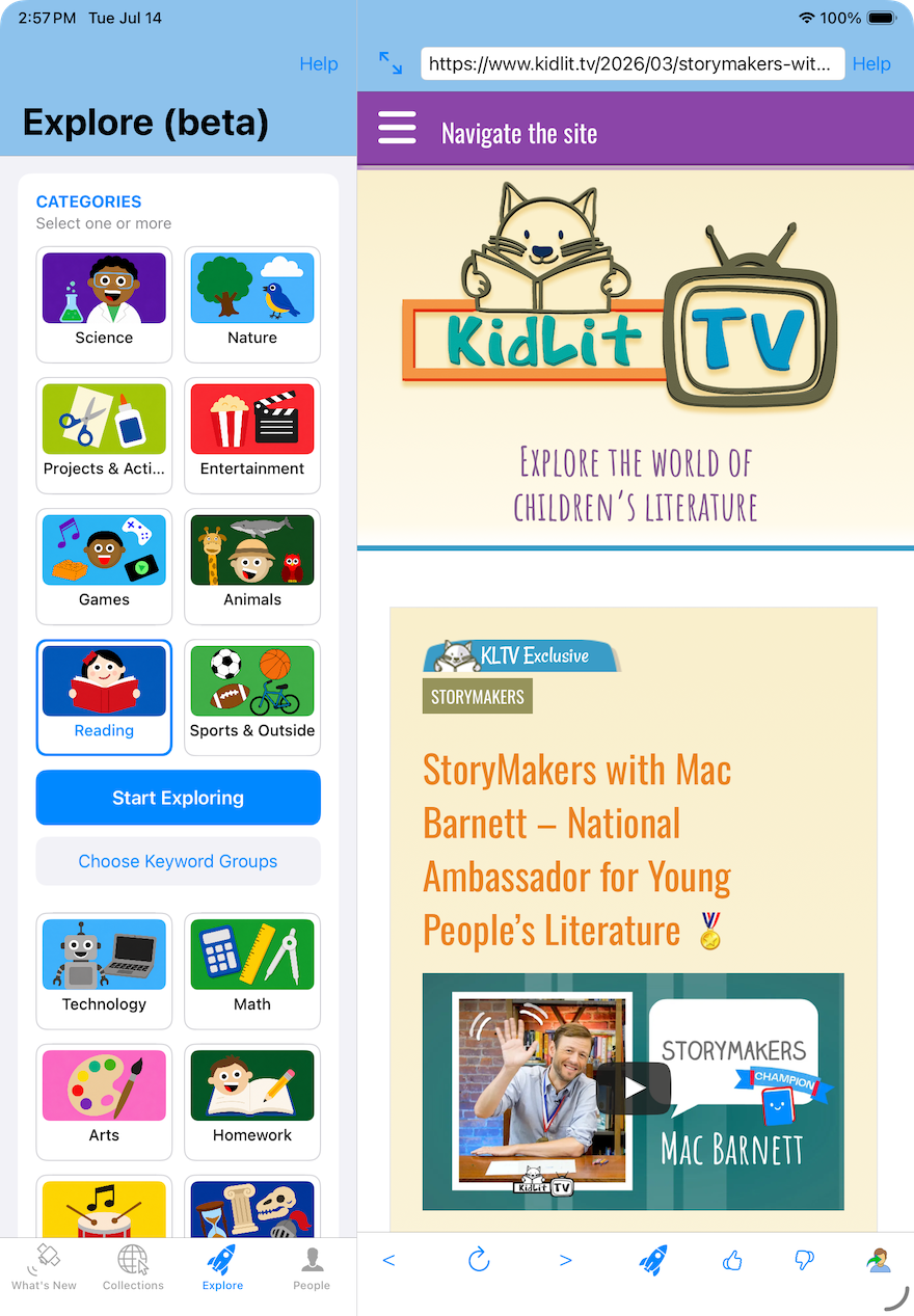 Explore tab: Reading category selected.