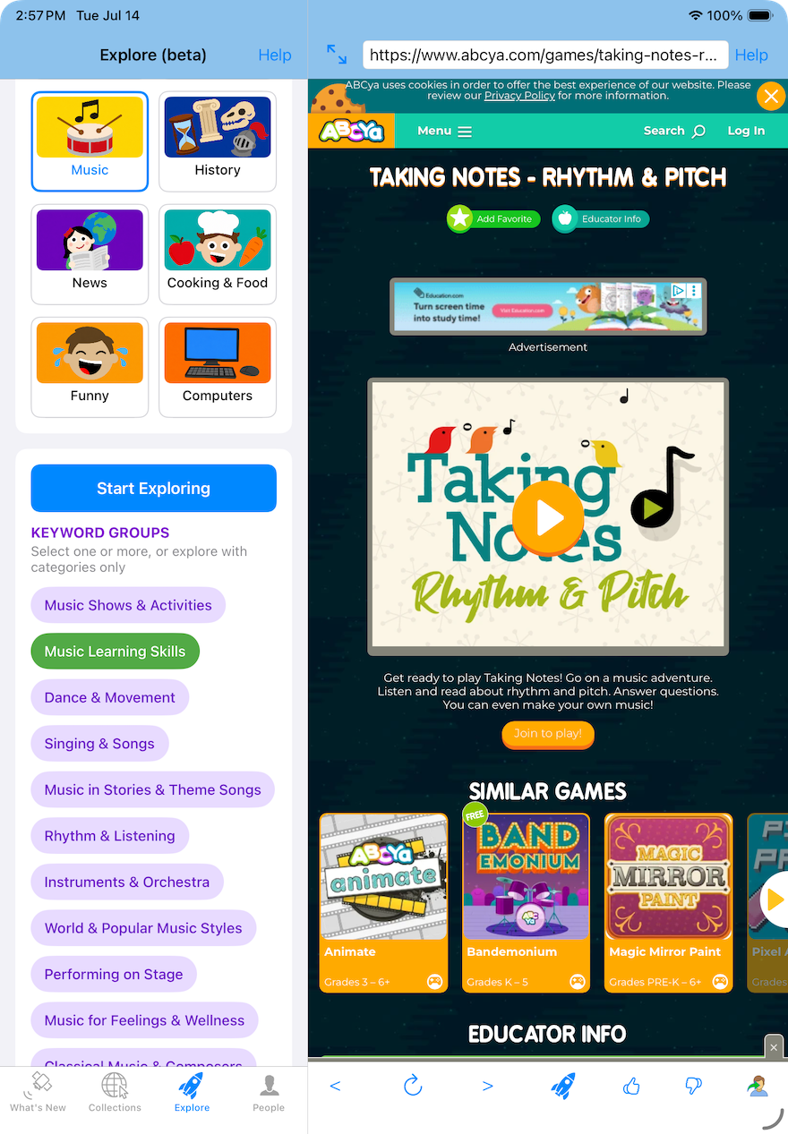 Explore tab: Music category with Learning Skills keywords selected.